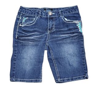Squeeze Girls Sz 10 Denim Blue Jean Shorts Embellished Embroidered Whiskered